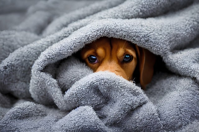 毛布にくるまる犬